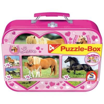 SCHMIDT 55588 Puzzle koně v kovovém boxu, 2x26, 2x48 dílků