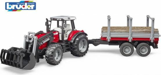 BRUDER 2046 Traktor Massey Ferguson 7480 s nakladačem a přívěsem na dřevo